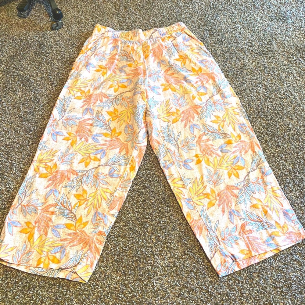 Nicole Miller Pants Tropical Boho Linen Wide Leg Women M Orange Blue Floral